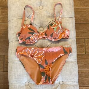 Roxy Orange Swim Top with Green Floral Accent